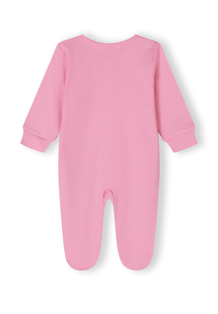Back view of a pink longsleeve baby pyjama with enclosed feet and cuffs.