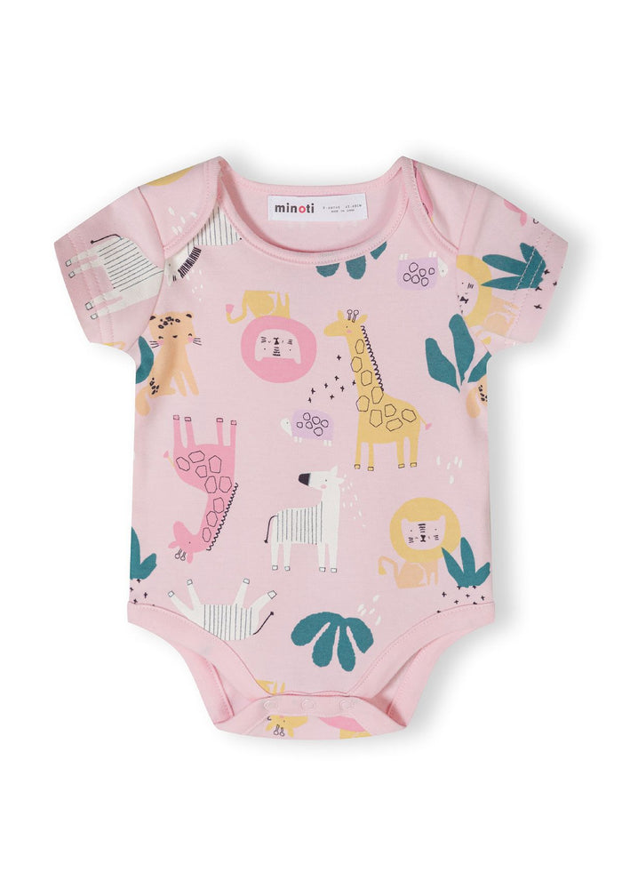 Close-up of a girls' short sleeve bodysuit in pink with animal prints and envelope shoulders.