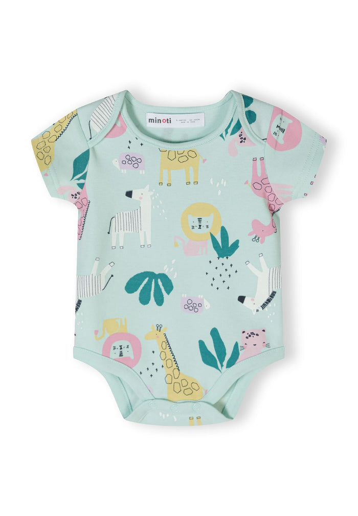 Close-up of a girls' short sleeve bodysuit in mint green with animal prints and snap buttons at the crotch.