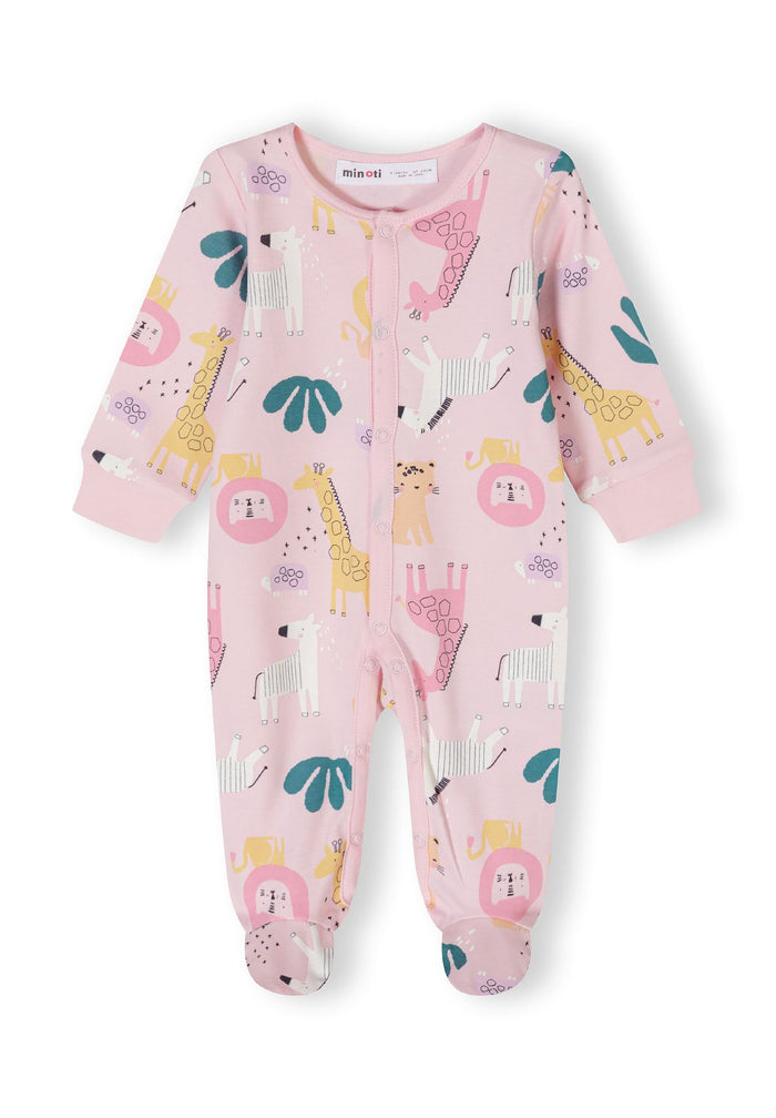 Girls' long-sleeved sleepsuit in pink with animal print, front view, integrated feet.