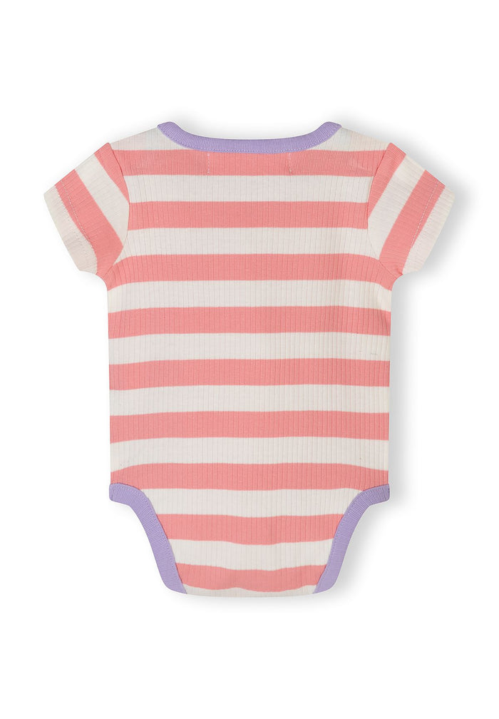 Girls' striped bodysuit in pastel colors, back view, short sleeves and ribbed texture.