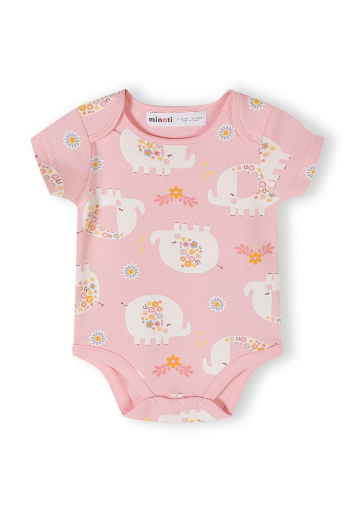 Close-up of a light pink short sleeve bodysuit with elephant and floral prints.