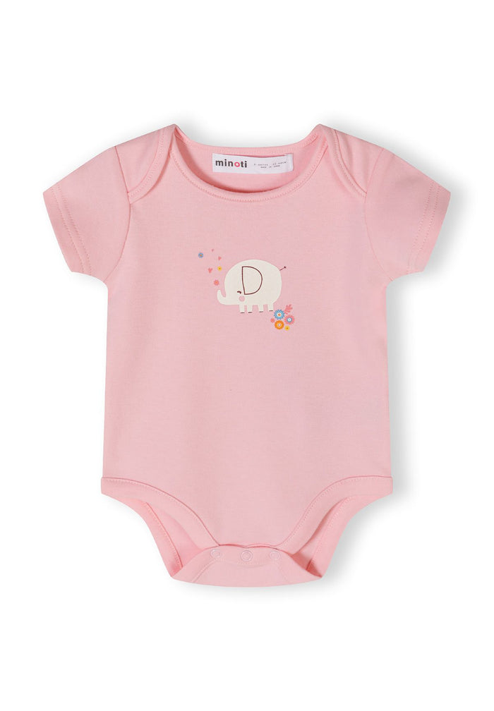 Light pink short sleeve bodysuit with elephant print and press-studs at the crotch.