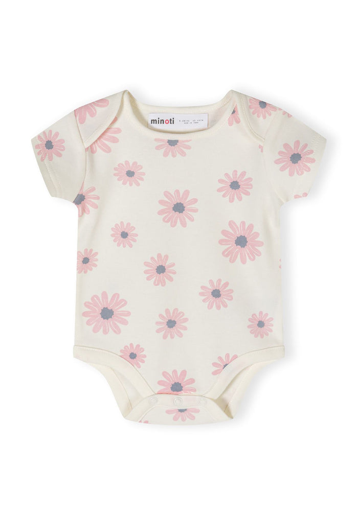Light pink short sleeve bodysuit with floral print, front view, envelope shoulders.