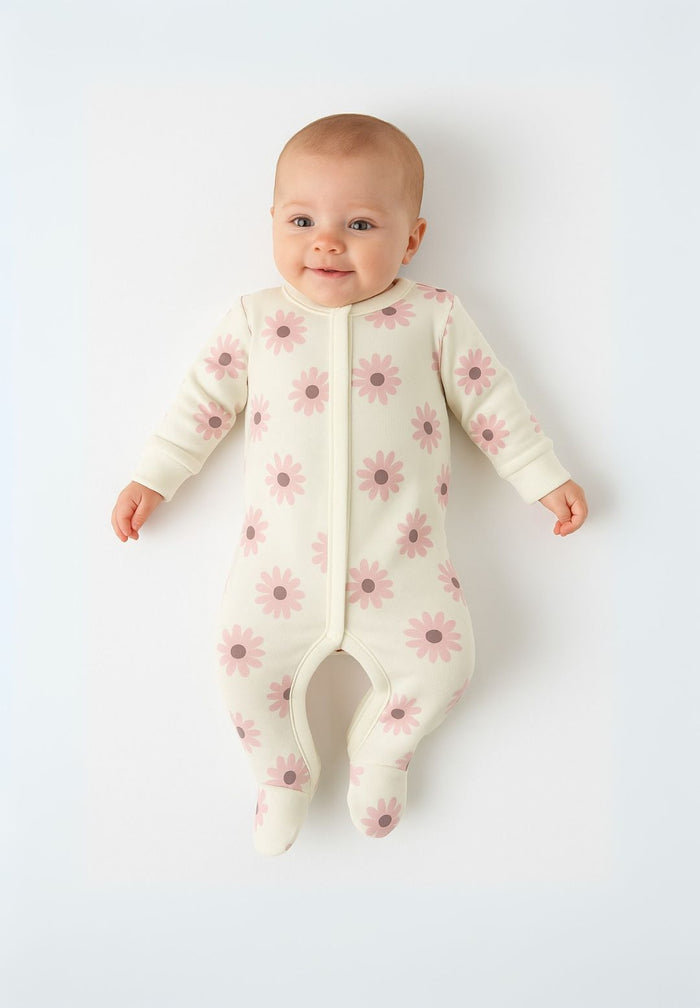 Front view of a long-sleeved light pink sleepsuit for girls with floral pattern and integrated feet.