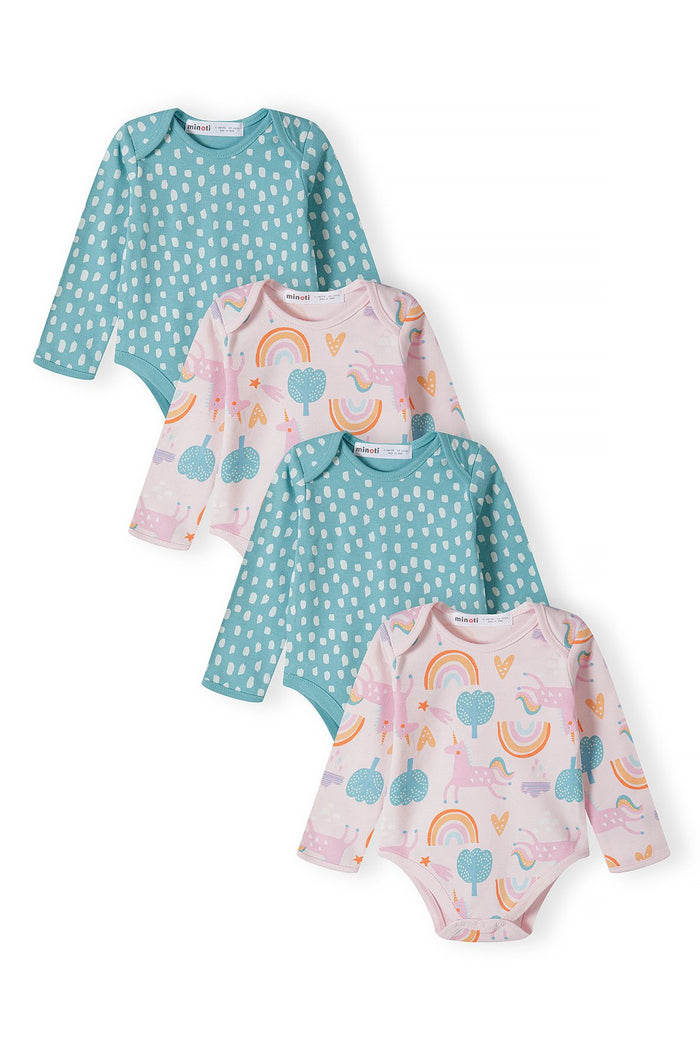 Long Sleeve Bodysuits 4-Pack, Rainbow Unicorn Print, Pink Teal - 1