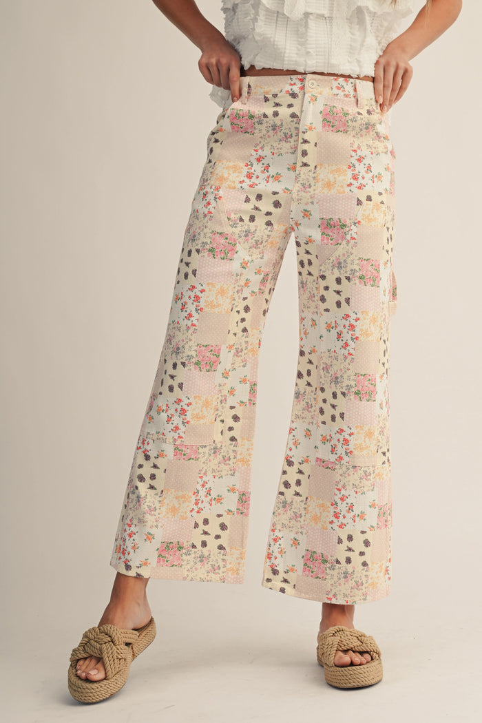 Gracie Pastel Floral Patchwork Wide Leg Pants