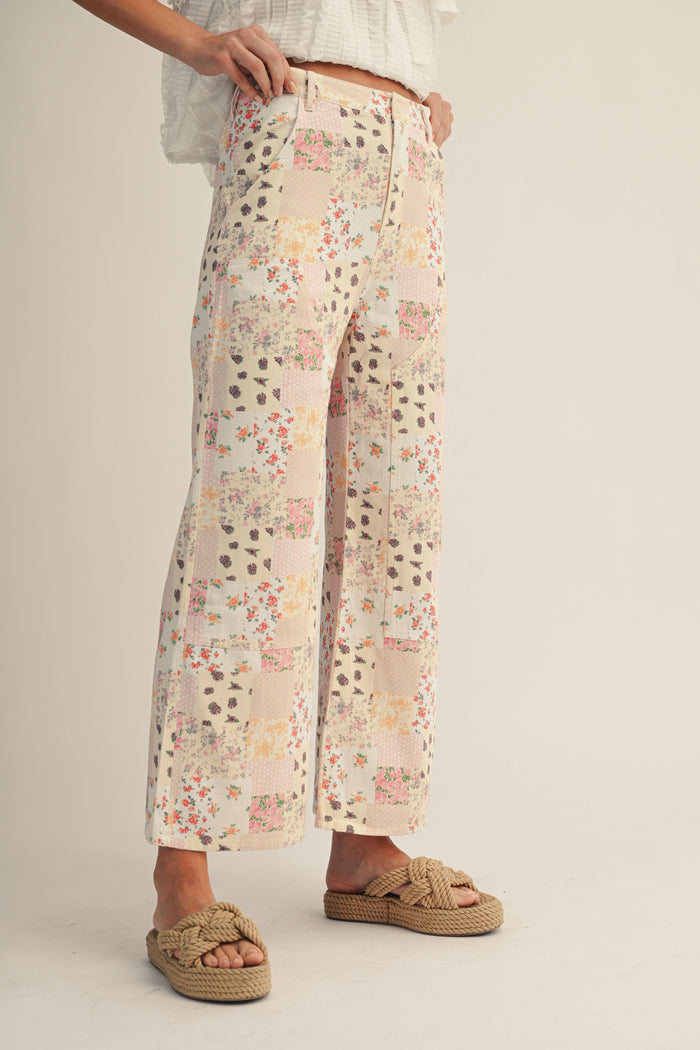 Gracie Pastel Floral Patchwork Wide Leg Pants