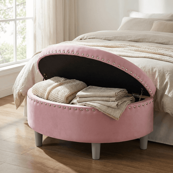 Half Moon Storage Ottoman Velvet Round Padded Seat