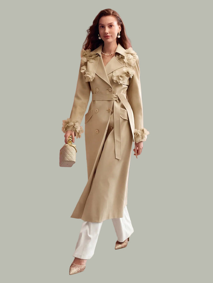 Hamida Timeless Elegance Floral-Detail Cotton Trench Coat