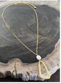 Hammered Oval Pendant Necklace with Pearl - Gold Plated