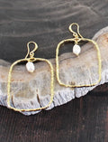 Hammered Rectangular Earrings with Drop Pearl - Gold Plated