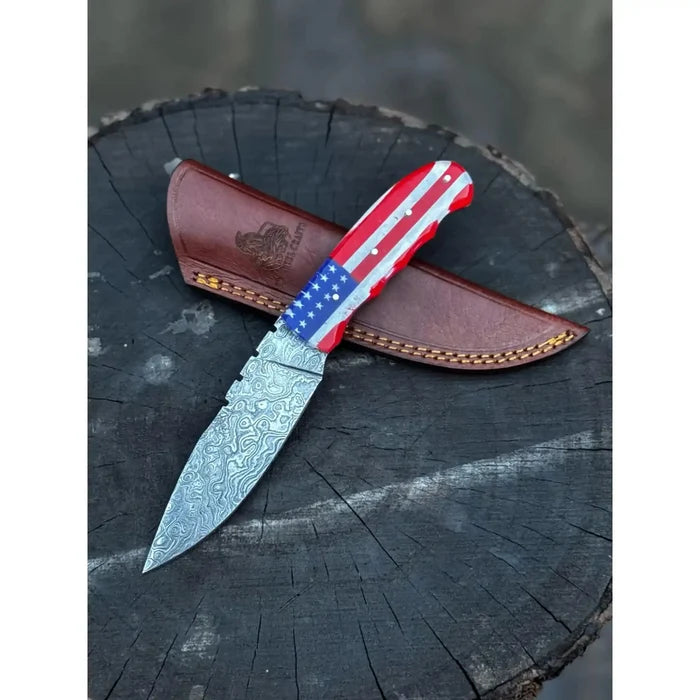 Handcrafted Damascus Steel Utility Knife with American Flag Handle | Leather Sheath | JW SteelCrafts