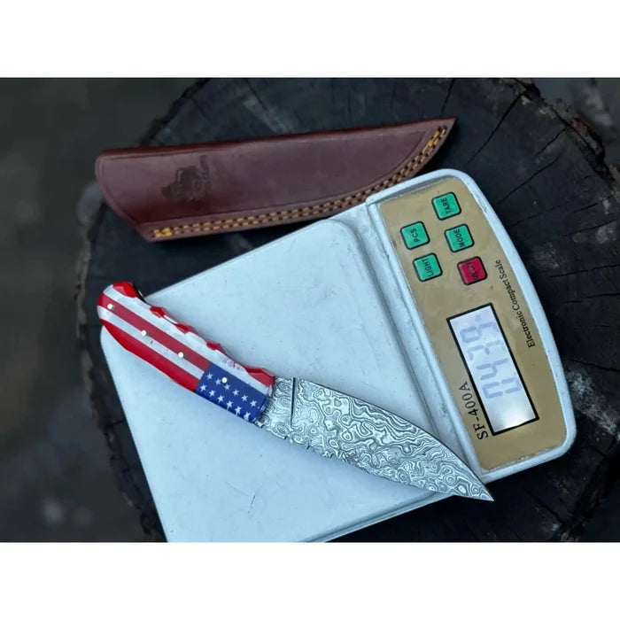 Handcrafted Damascus Steel Utility Knife with American Flag Handle | Leather Sheath | JW SteelCrafts