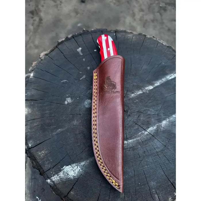 Handcrafted Damascus Steel Utility Knife with American Flag Handle | Leather Sheath | JW SteelCrafts
