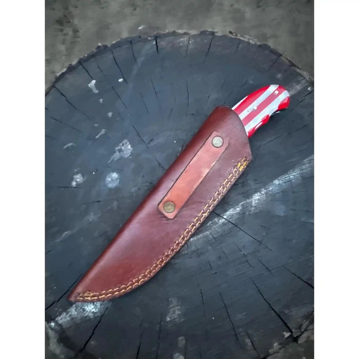 Handcrafted Damascus Steel Utility Knife with American Flag Handle | Leather Sheath | JW SteelCrafts