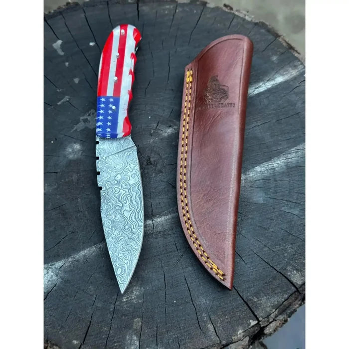 Handcrafted Damascus Steel Utility Knife with American Flag Handle | Leather Sheath | JW SteelCrafts