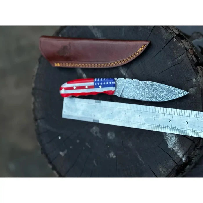 Handcrafted Damascus Steel Utility Knife with American Flag Handle | Leather Sheath | JW SteelCrafts