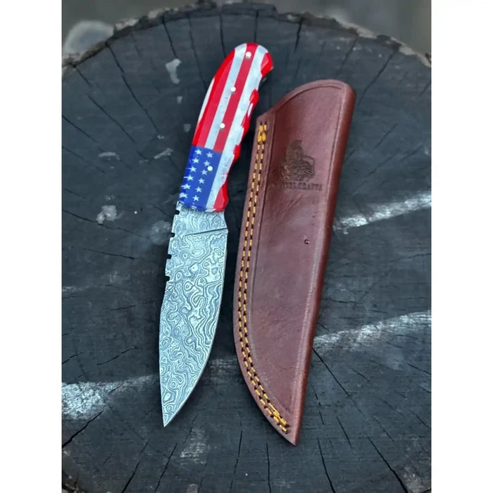 Handcrafted Damascus Steel Utility Knife with American Flag Handle | Leather Sheath | JW SteelCrafts