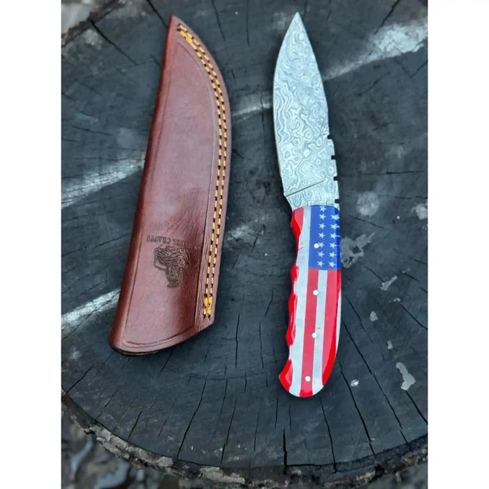Handcrafted Damascus Steel Utility Knife with American Flag Handle | Leather Sheath | JW SteelCrafts