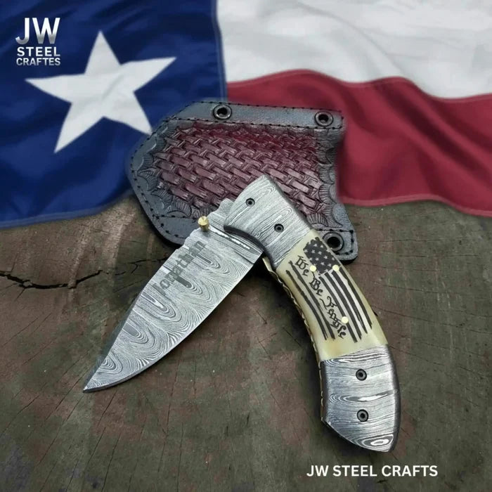 Handmade Damascus Drop Point Folding Knife – American Flag Handle, EDC Pocket Knife