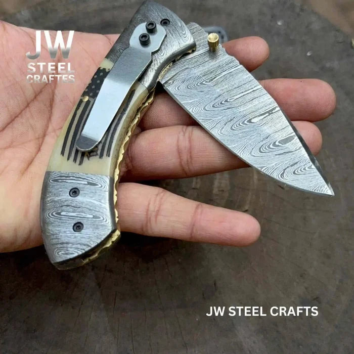 Handmade Damascus Drop Point Folding Knife – American Flag Handle, EDC Pocket Knife