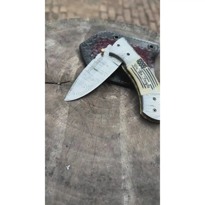 Handmade Damascus Drop Point Folding Knife – American Flag Handle, EDC Pocket Knife