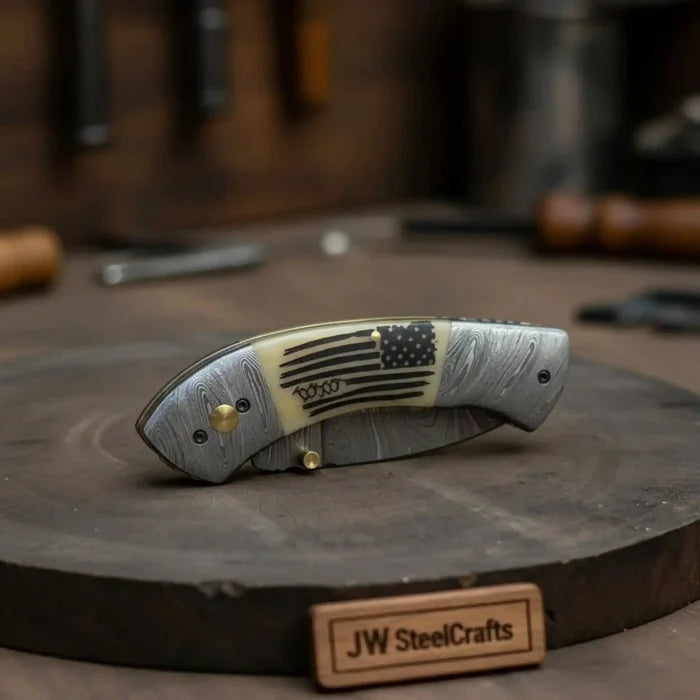 Handmade Damascus Drop Point Folding Knife – American Flag Handle, EDC Pocket Knife