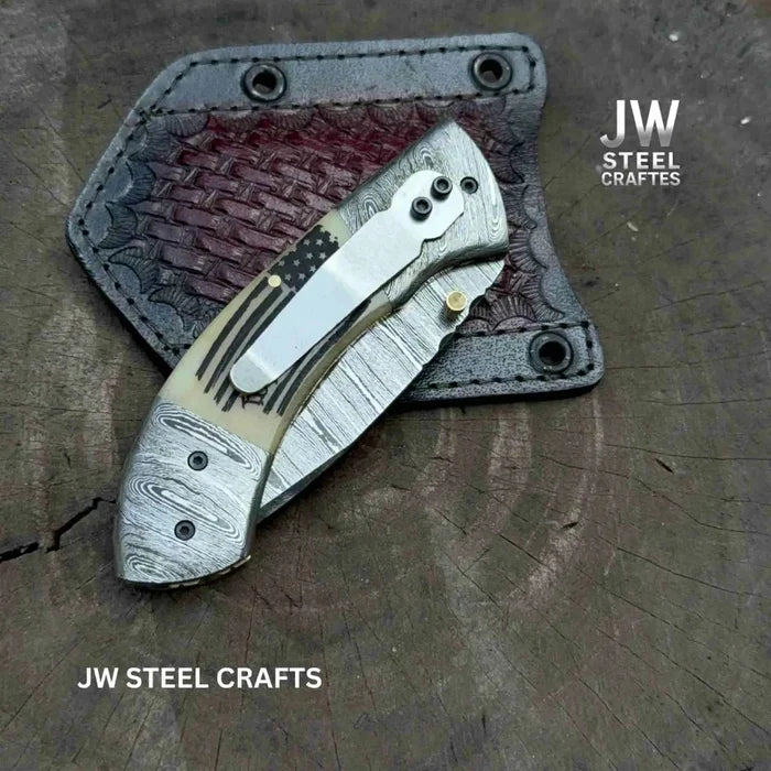 Handmade Damascus Drop Point Folding Knife – American Flag Handle, EDC Pocket Knife