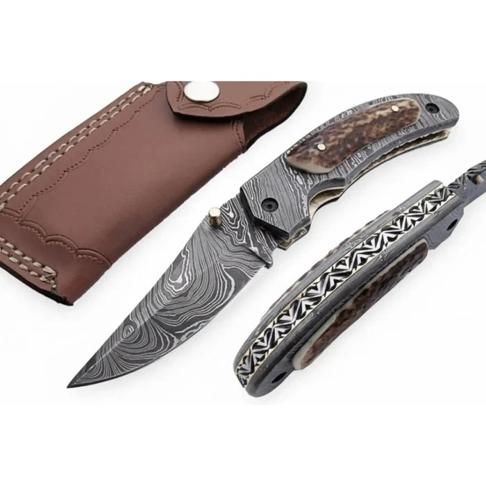 Handmade Damascus Folding Knife with Stag Horn Handle - Everyday Carry Knife by JW SteelCrafts