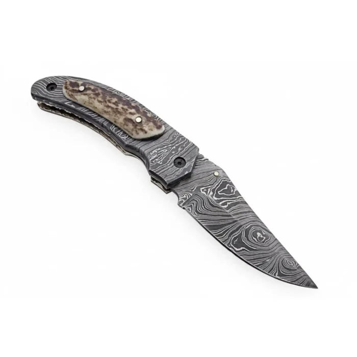 Handmade Damascus Folding Knife with Stag Horn Handle - Everyday Carry Knife by JW SteelCrafts