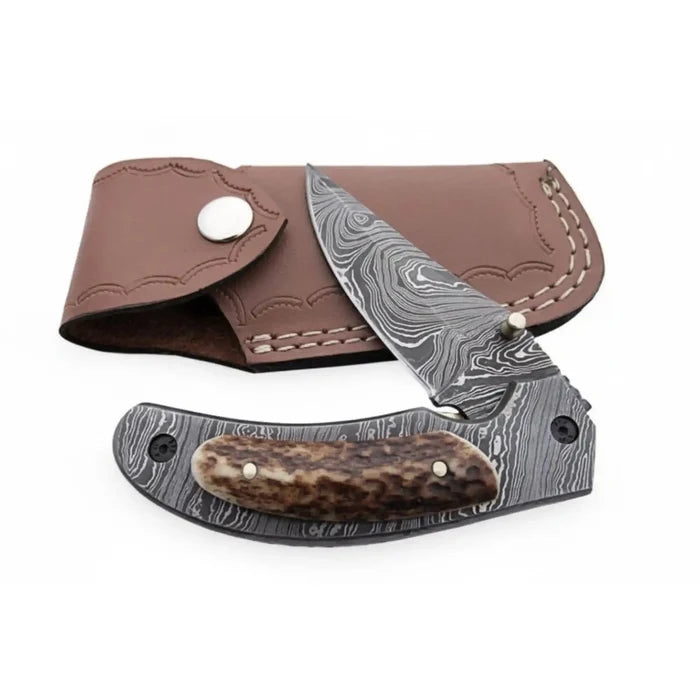 Handmade Damascus Folding Knife with Stag Horn Handle - Everyday Carry Knife by JW SteelCrafts