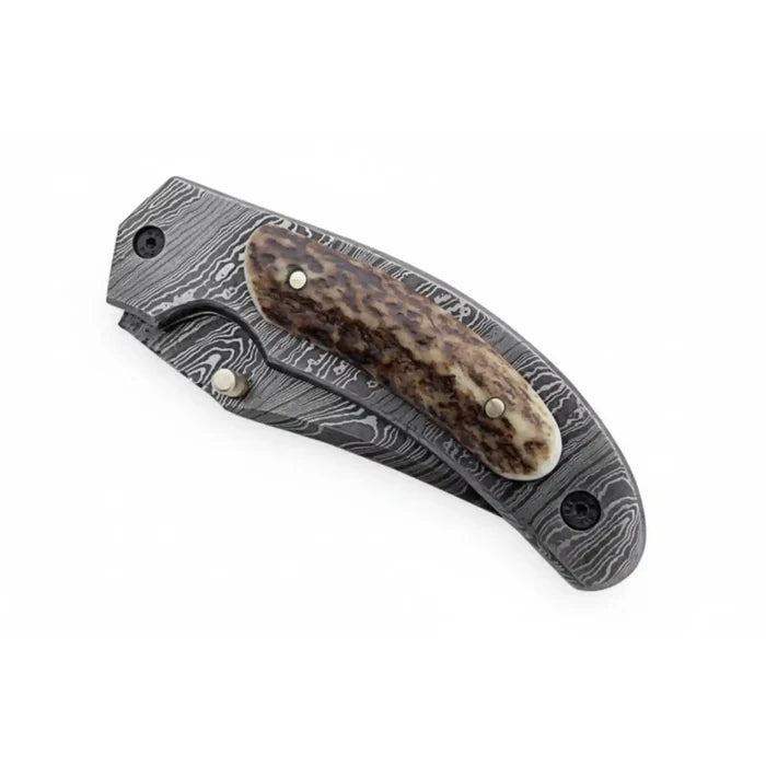 Handmade Damascus Folding Knife with Stag Horn Handle - Everyday Carry Knife by JW SteelCrafts