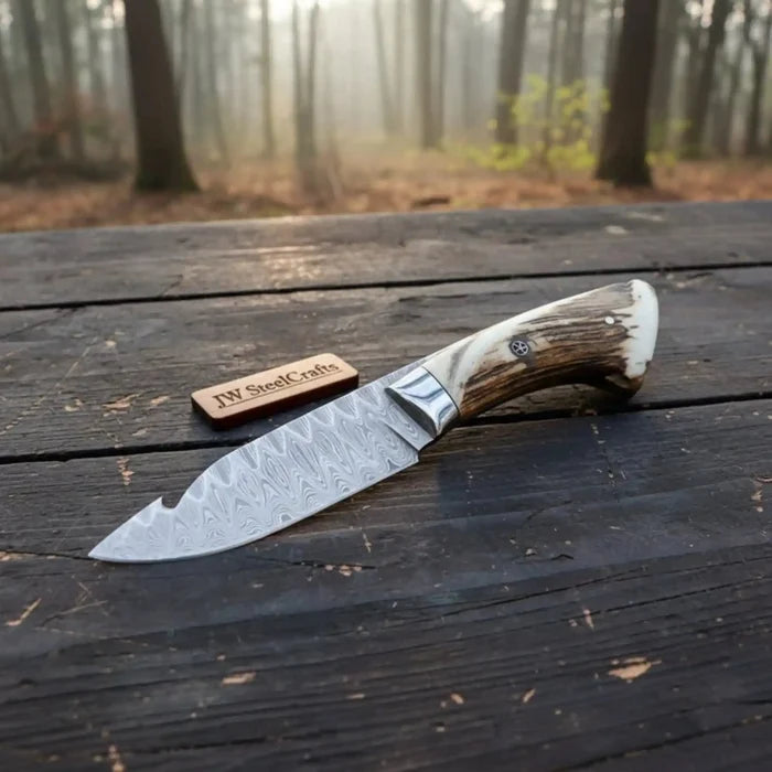 Handmade Damascus Gut Hook Skinner Knife With Deer Horn Handle