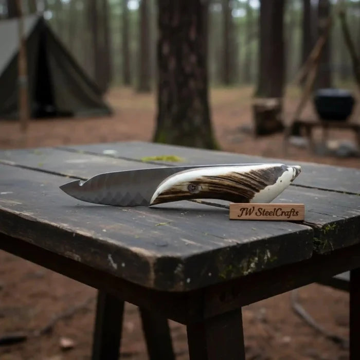 Handmade Damascus Gut Hook Skinner Knife With Deer Horn Handle