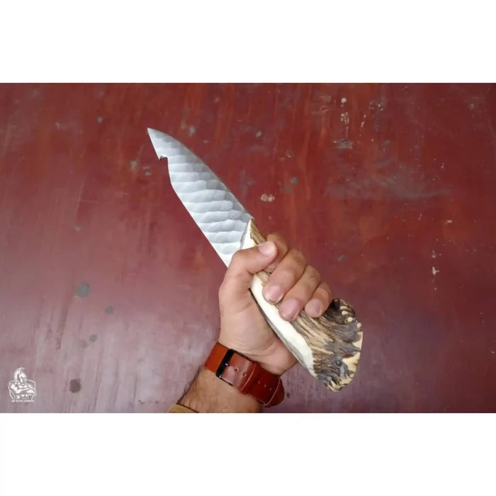 Handmade Damascus Gut Hook Skinner Knife With Deer Horn Handle