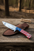 Handmade Drop Point Hunting Knife – High Polish Bearing Steel Blade, USA Flag Handle, Full Tang Fixed Blade