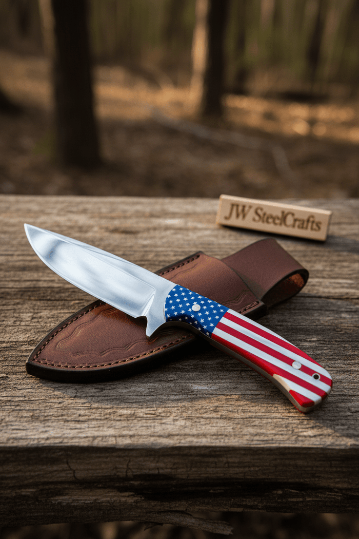 Handmade Drop Point Hunting Knife – High Polish Bearing Steel Blade, USA Flag Handle, Full Tang Fixed Blade