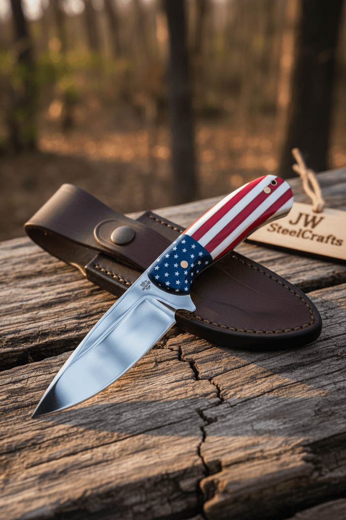 Handmade Drop Point Hunting Knife – High Polish Bearing Steel Blade, USA Flag Handle, Full Tang Fixed Blade