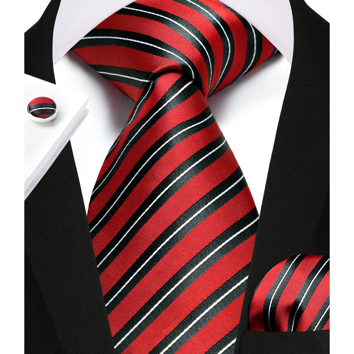 Stripe Tie Handkerchief Cufflinks - B02-RED/WHITE