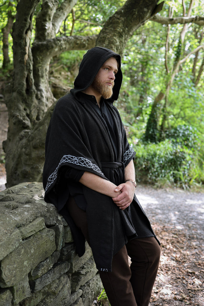Hooded Ruana Cloak with Celtic Embroidery