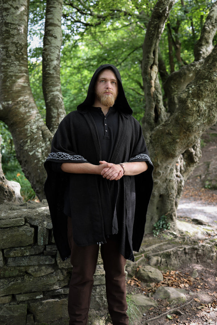 Hooded Ruana Cloak with Celtic Embroidery