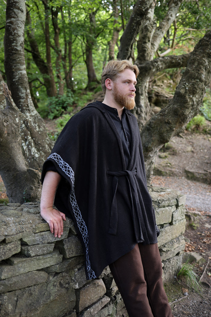 Hooded Ruana Cloak with Celtic Embroidery