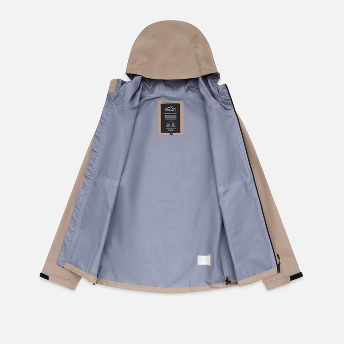 Two-tone jacket with gray body and beige hood on a white background
