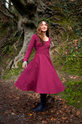 Berry red Imbas Corset Dress with pockets twirling in the forest, romantic folklore midi dress with long sleeves and square neckline