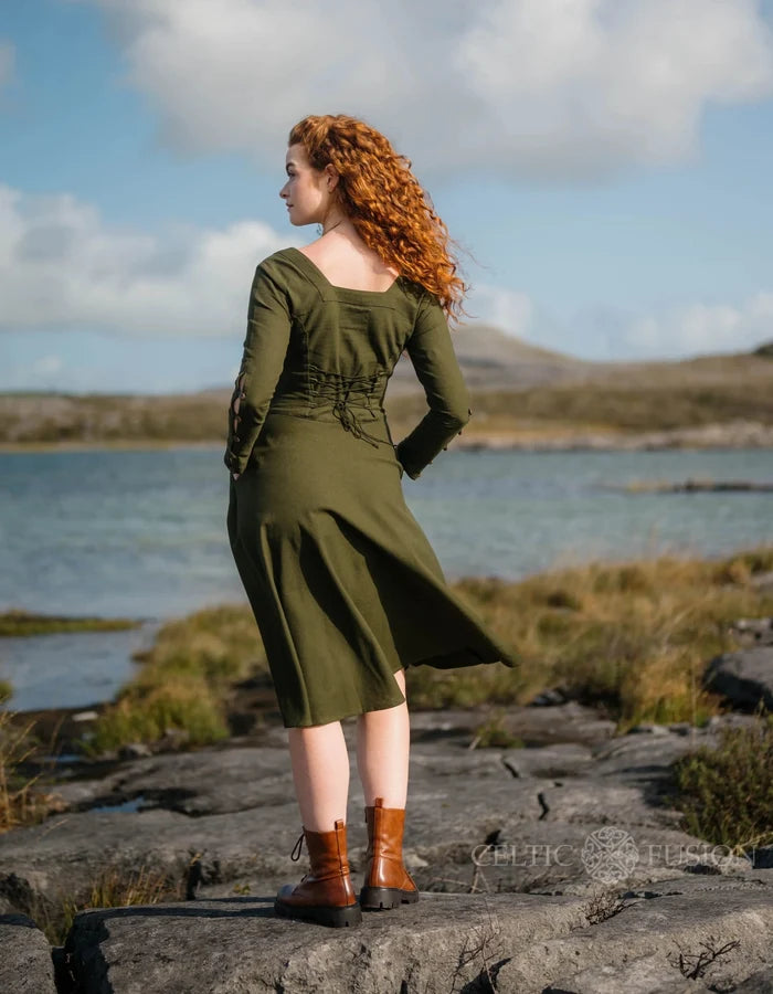 Imbas Corset Dress back view, romantic lace up back midi dress in dark green with a flowing skirt