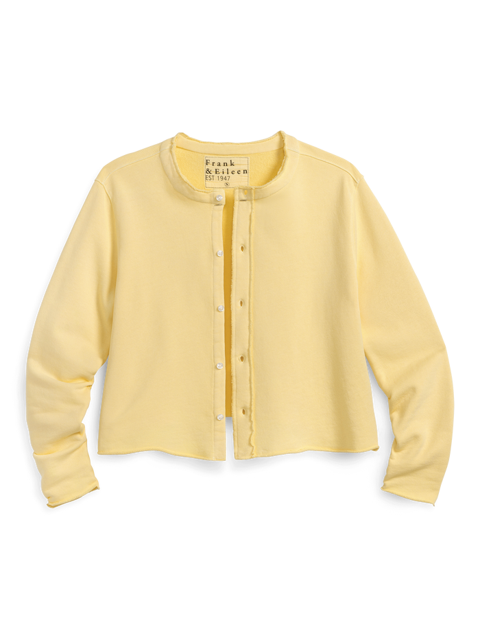 Yellow cardigan with brand logo on a white background