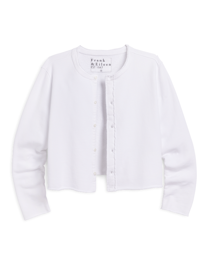 White cardigan on a white background with 'Frank & Eileen' branding.