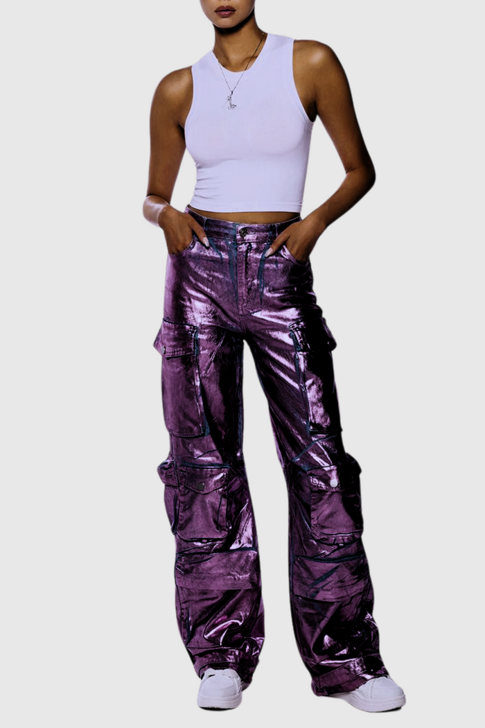 Jayda Metallic Cargo Jeans In Purple