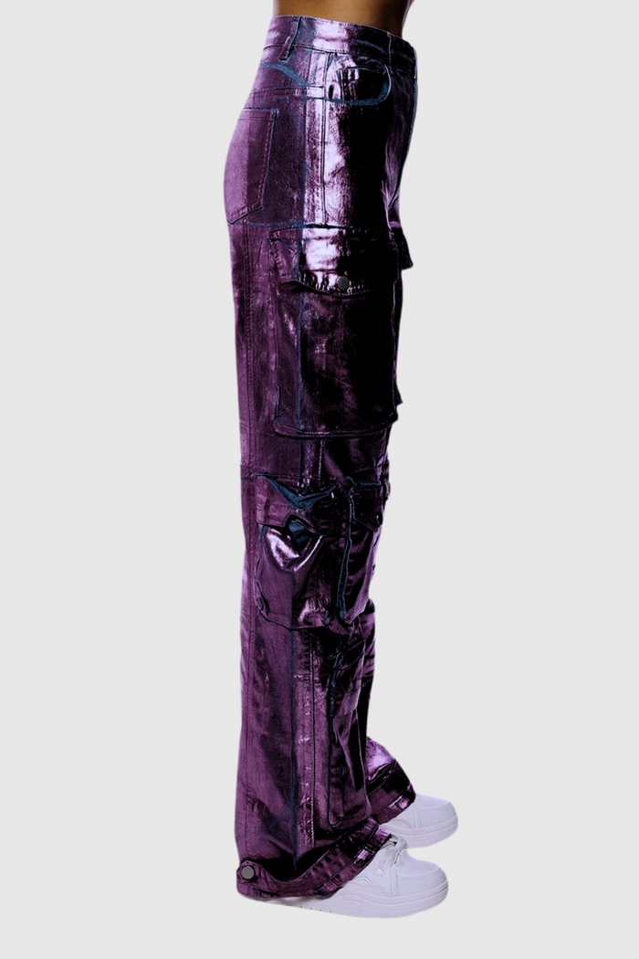 Jayda Metallic Cargo Jeans In Purple